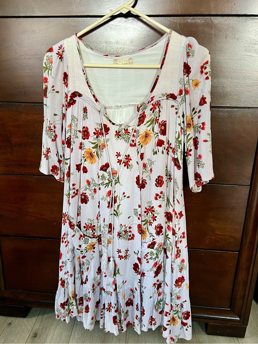 Floral Boho Tie-Front Dress - White with Red & Yellow Blooms